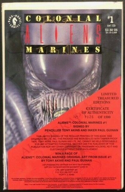 Aliens: Colonial Marines (1993) #1 NM Signed Tony Akins Paul Guinan Ltd 1500 COA