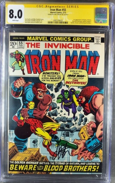 Iron Man #55 (1973) CGC 8.0 WP Signed Starlin 1st App Thanos Drax Starfox Eros|